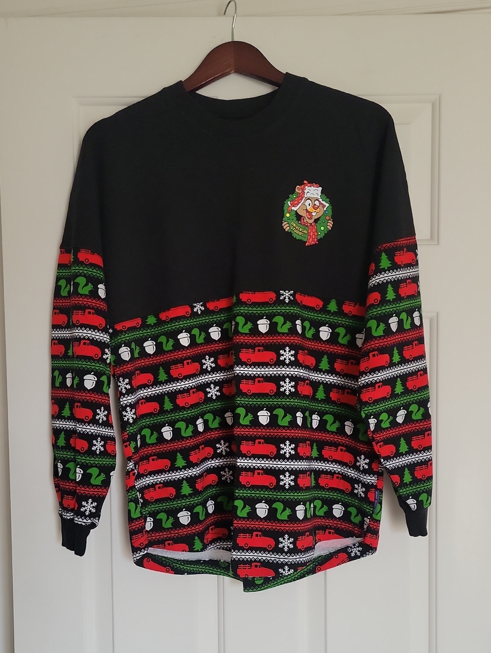 Universal Black Crewneck Sweater with Red & Green Holiday Pattern